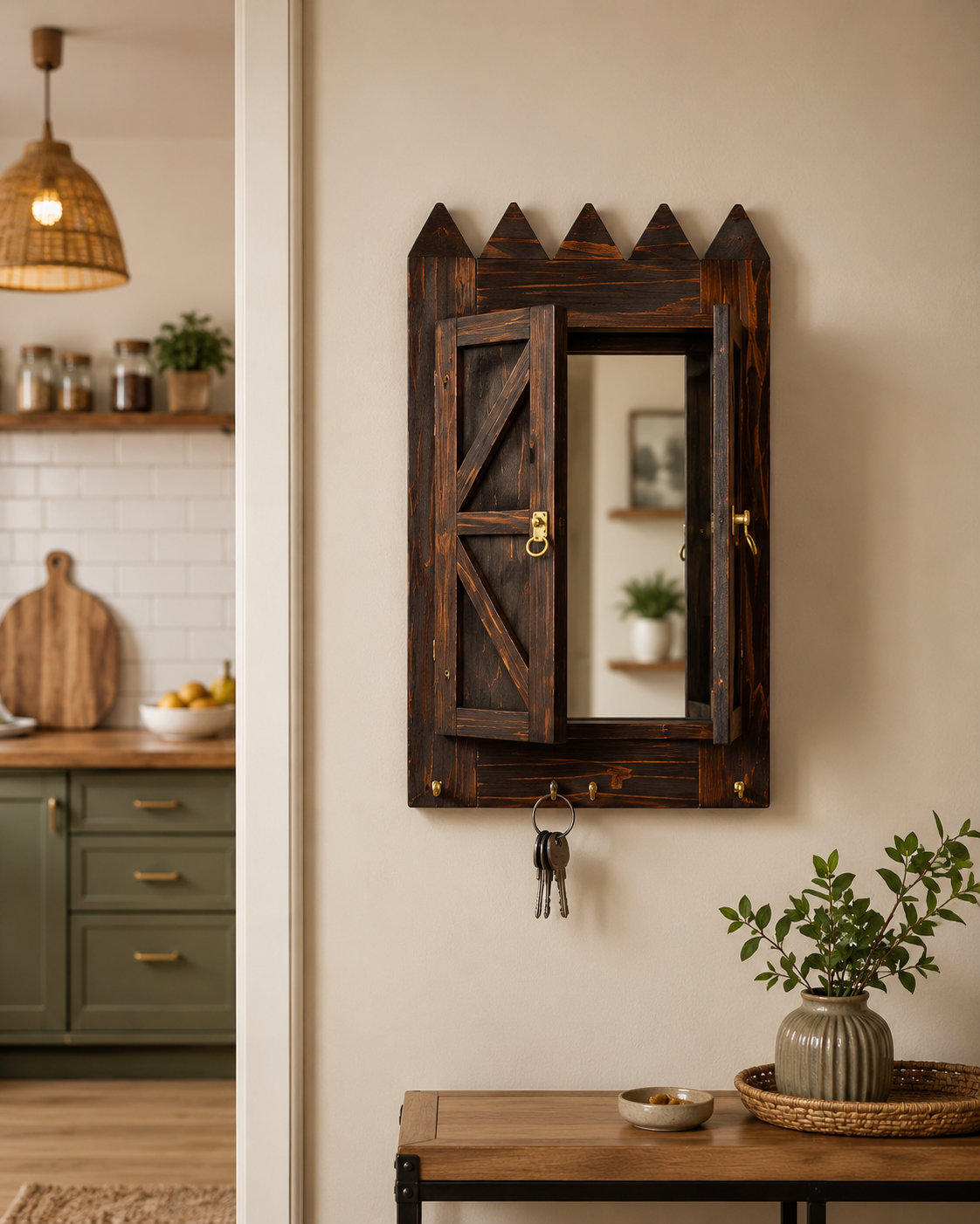 Rustic Wooden Mirror & Key Holder