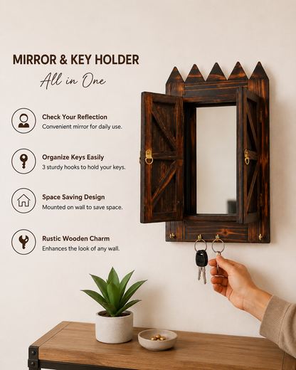 Rustic Wooden Mirror & Key Holder