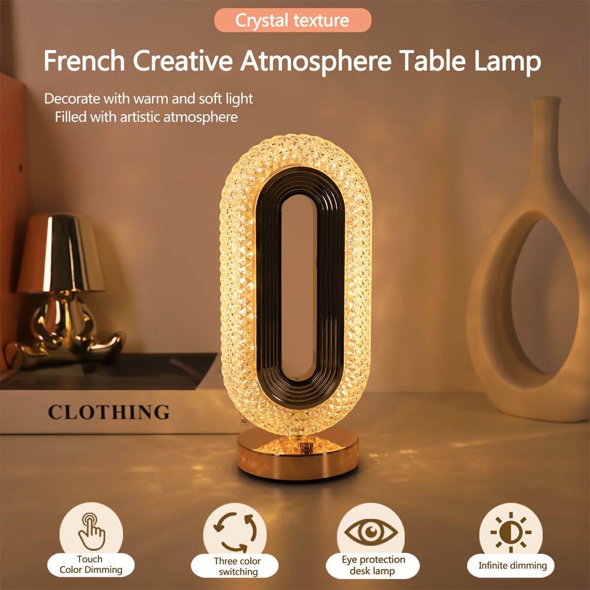 Luxury Crystal Touch Table Lamp – 3 Color Modes | Modern Bedroom & Dressing Decor