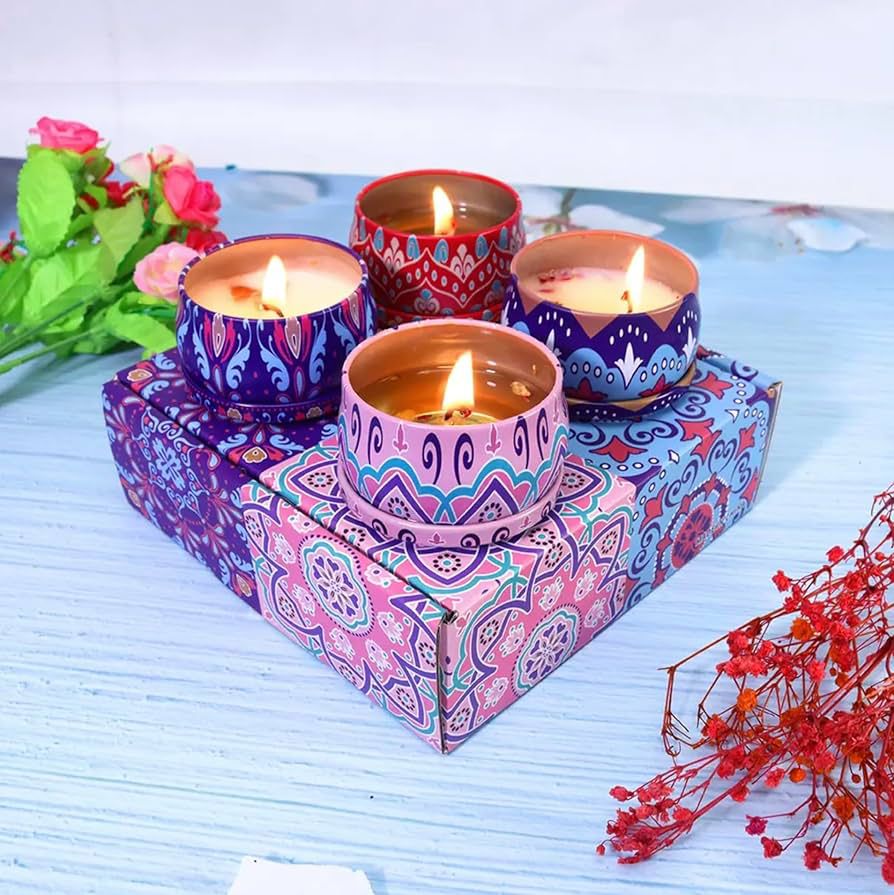 Handcrafted Mandala Scented Candle Set – Decorative Aromatherapy Tin Candles
